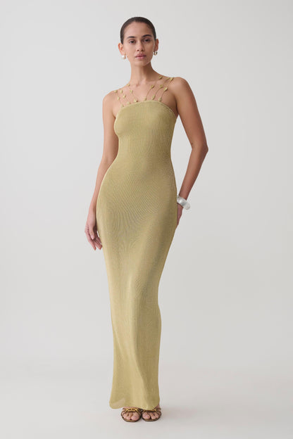 Shami Lurex Maxi Dress With Flowers Gold