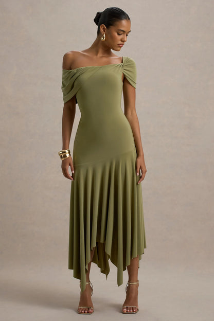 Castor Olive Asymmetric Midi Dress