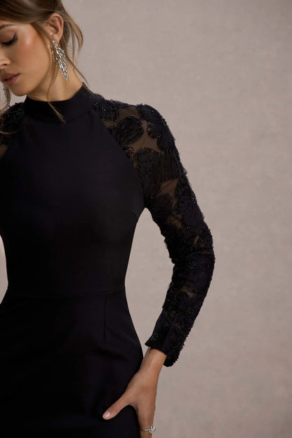 Chandra Black Mesh Long Sleeve Midi Dress With Ruffle Hem