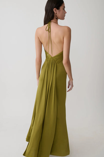 Maely Gathered Slinky Maxi Dress Olive