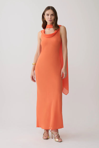 Dakota Chiffon Maxi Dress With Scarf Orange