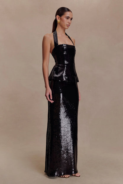 Bertie Sequin Peplum Halter Maxi Dress Black
