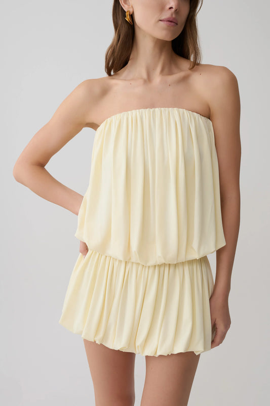 Safiya Strapless Gathered Bubble Mini Dress Lemon