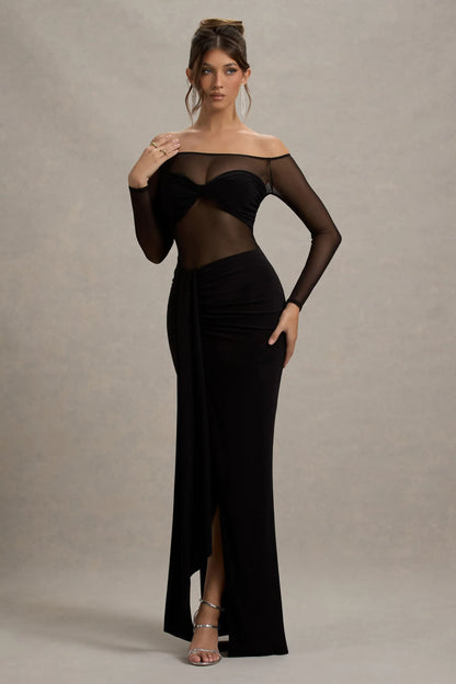Cover Star Black Mesh Bardot Long Sleeve Draped Maxi Dress