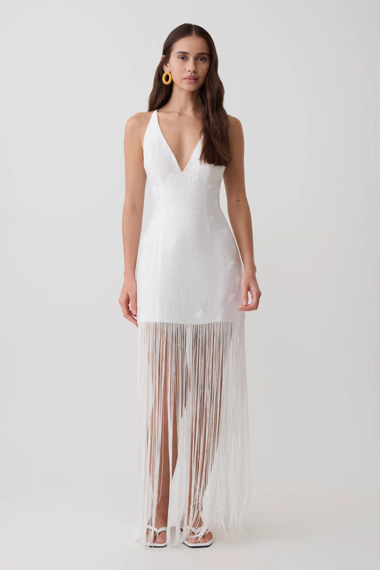 Abigail V Neck Fringe Maxi Dress White