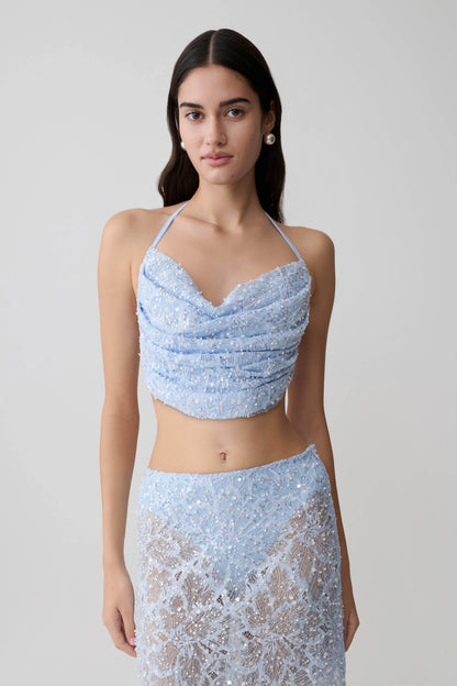 Kiara Pearl Beaded Cowl Crop Top Powder Blue