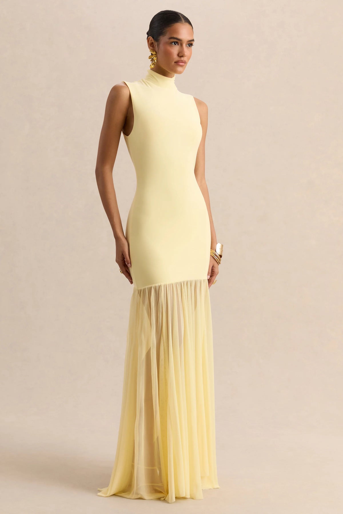Felina Lemon High Neck Maxi Dress With Sheer Skirt