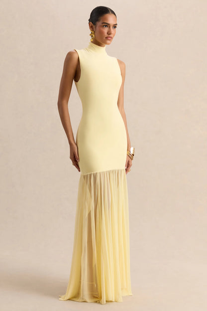 Felina Lemon High Neck Maxi Dress With Sheer Skirt