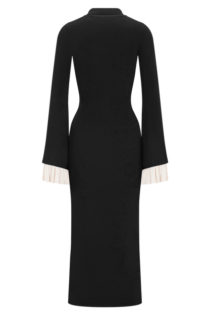 Amirose Ruffle Knit Midi Dress Black