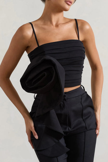 Whirlwind Black Strappy Top With Oversized Ruffle Detail
