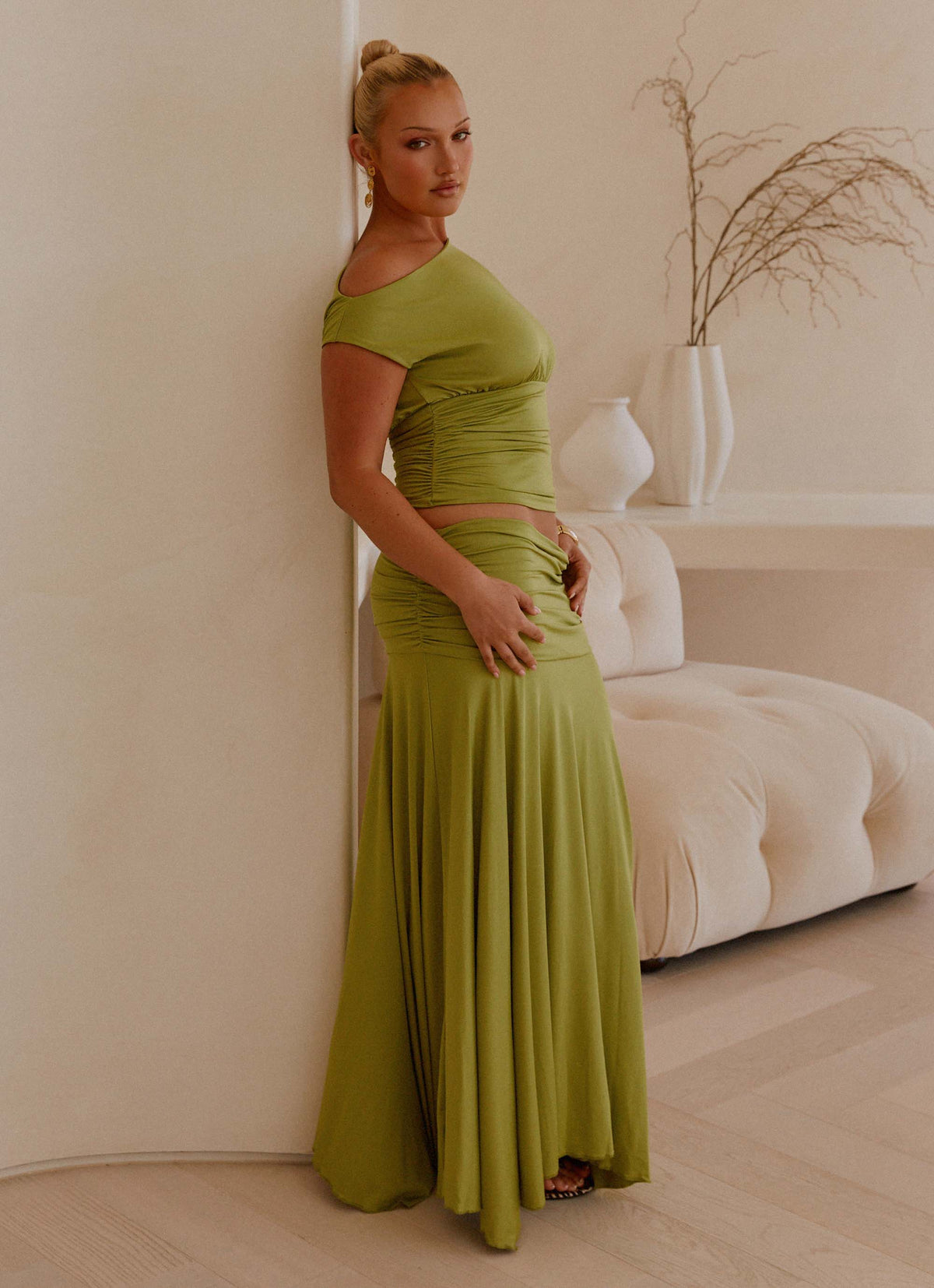 Liana Ruched Maxi Skirt Green