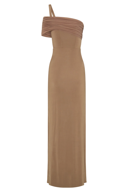 Hanh One Shoulder Mesh Maxi Dress Tan