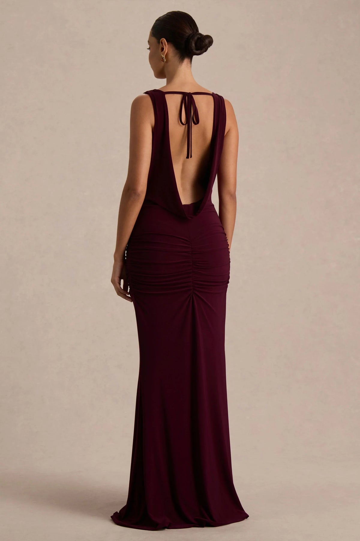 Mallie Burgundy Cowl Neck Maxi Dress With Open Back And Gathered Detailing