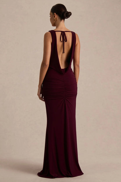 Mallie Burgundy Cowl Neck Maxi Dress With Open Back And Gathered Detailing
