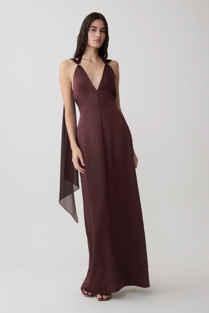 Myla Draped Shoulders Satin Maxi Dress Chocolate