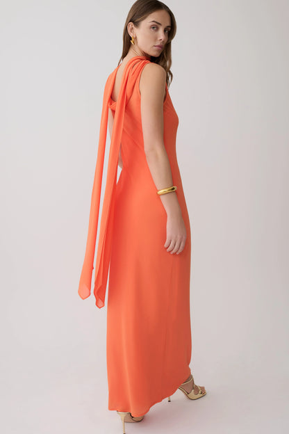 Dakota Chiffon Maxi Dress With Scarf Orange