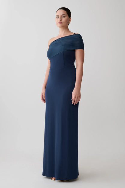 Hanh One Shoulder Mesh Maxi Dress Ink Blue