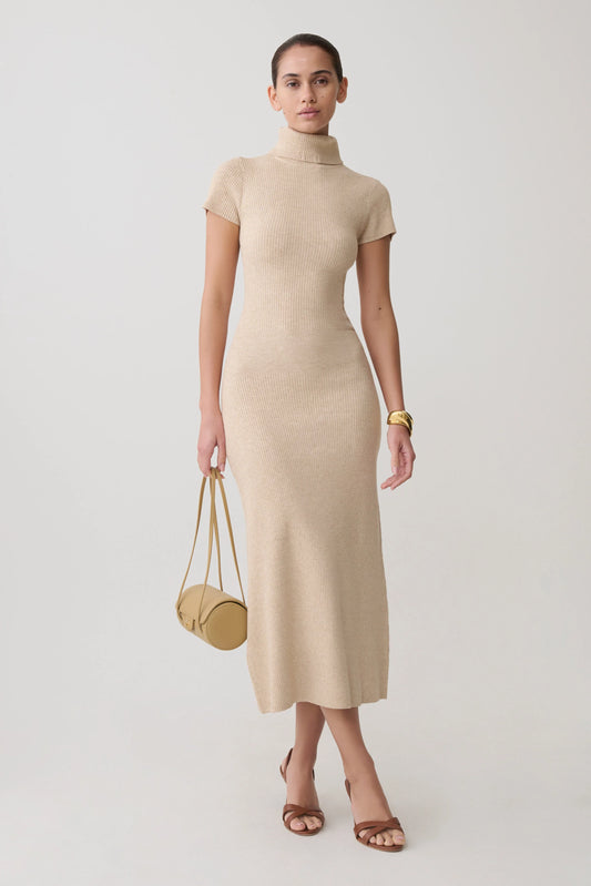 Goldie High Neck Knit Midi Dress Camel