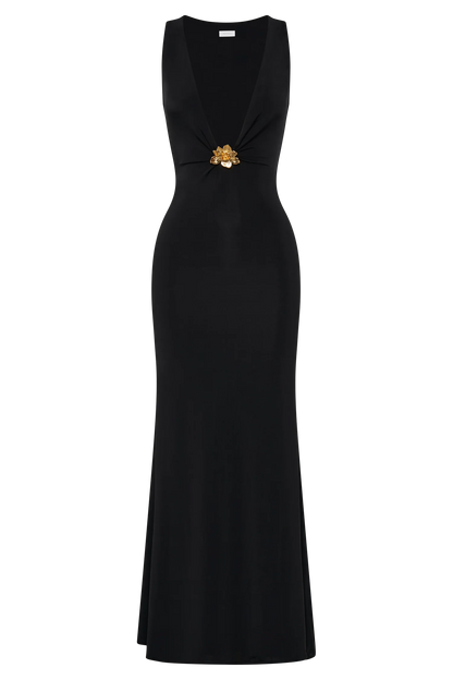 Beck Plunge Maxi Dress With Floral Hardware Black