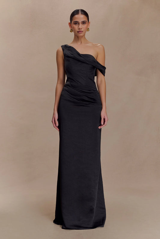 Dalia Off Shoulder Satin Maxi Dress Black