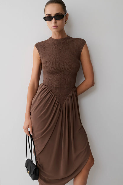 Nola Shirred Asymmetric Midi Dress Mocha