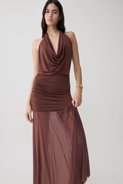 Jorja Draped Halter Slinky Maxi Dress Chocolate