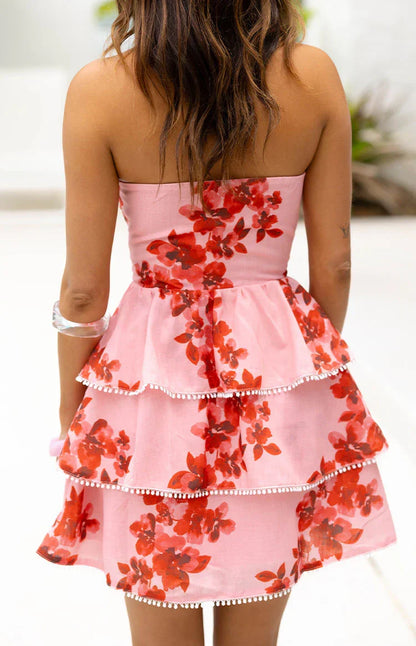 Sofia Pink Floral Strapless Ruffle Mini Dress