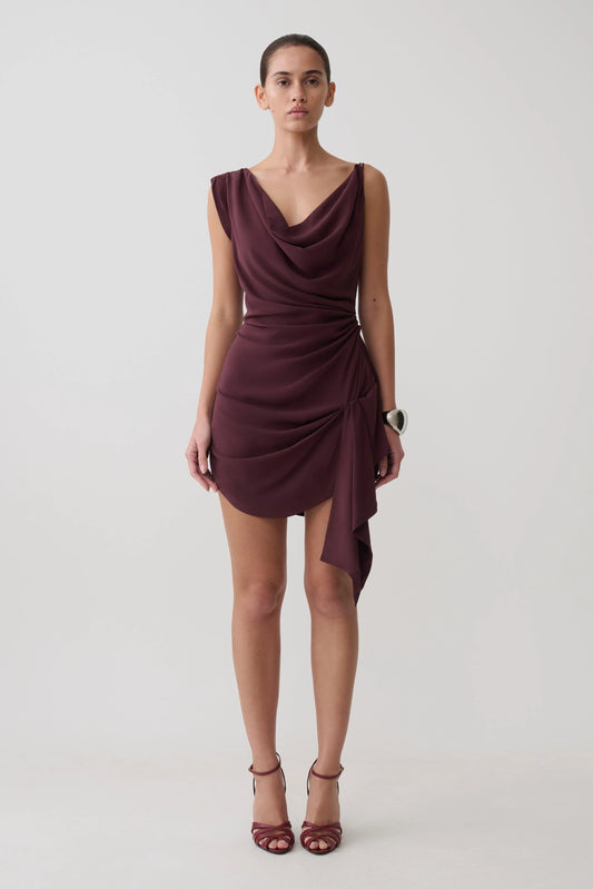 Lucile Cowl Drape Satin Mini Dress Plum