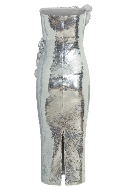 Cassia Strapless Sequin Rose Midi Dress Silver
