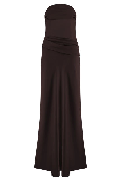 Jasmine Strapless Satin Maxi Dress Dark Chocolate