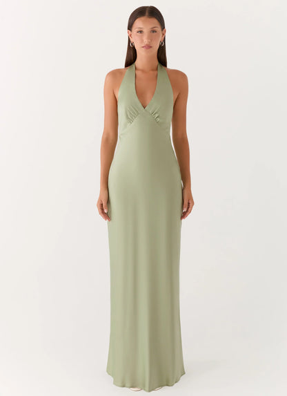 Heavy Hearted Satin Maxi Dress Sage