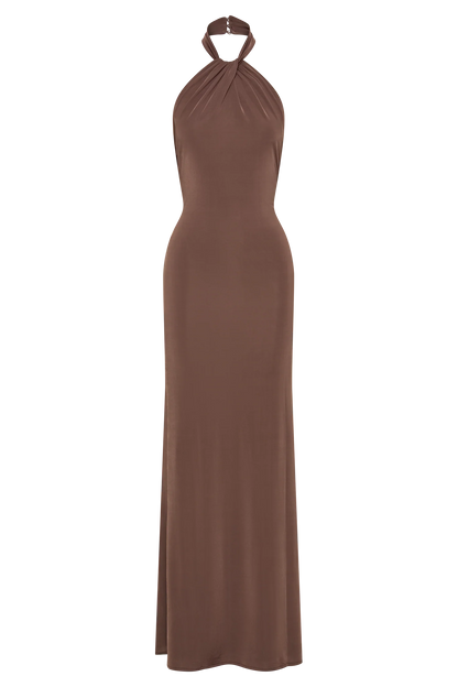 Elyna Slinky Halter Maxi Dress Chocolate