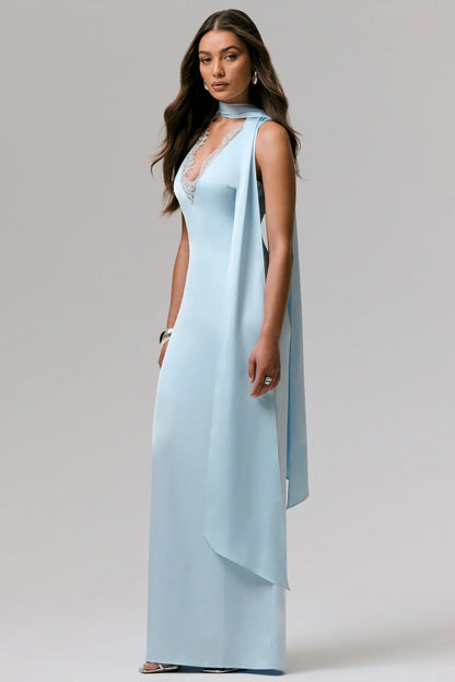 True Icon Powder Blue Satin V Neck Maxi Slip Dress With Sash