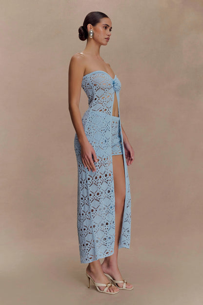 Aeline Strapless Crochet Knit Top Sky Blue