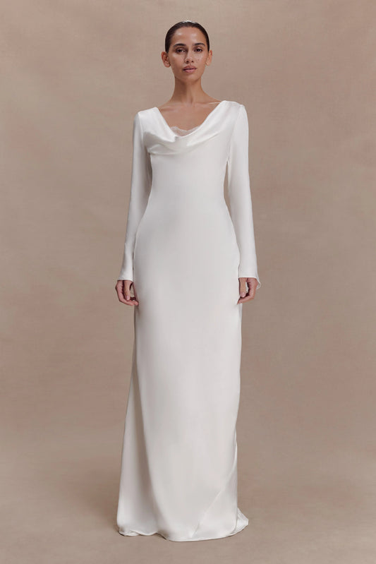 Eliza Long Sleeve Cowl Lace And Satin Maxi Dress Ivory