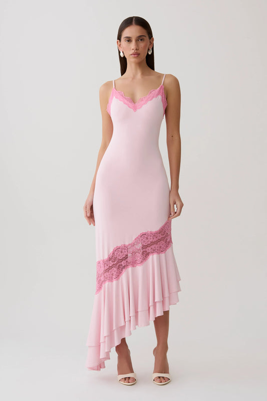 Annis Frilled Hem Lace Midi Dress Pink