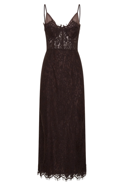 Ottilie Lace And Mesh Midi Dress Dark Chocolate