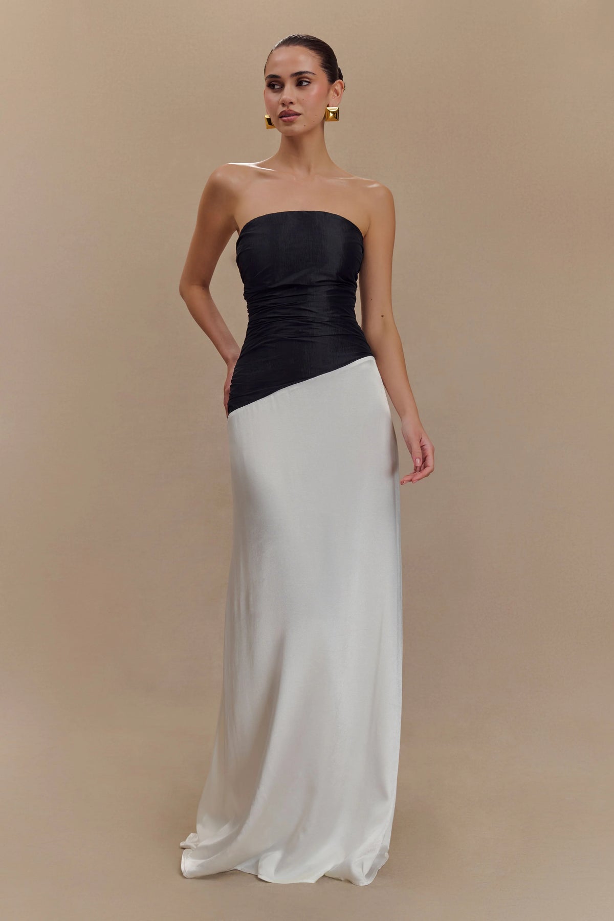 Serena Strapless Taffeta Maxi Dress White Black