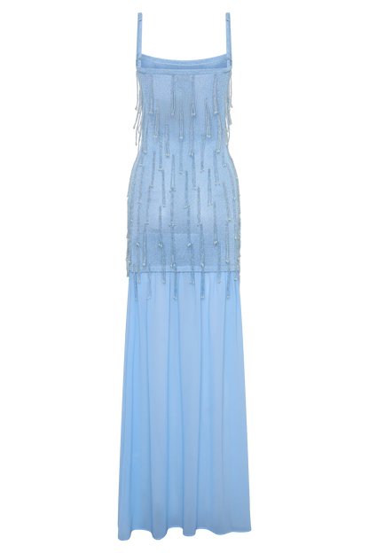 Belinda Beaded Knit Chiffon Maxi Dress Light Blue