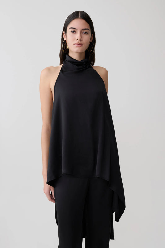 Sydney Asymmetrical Satin Halter Top Black