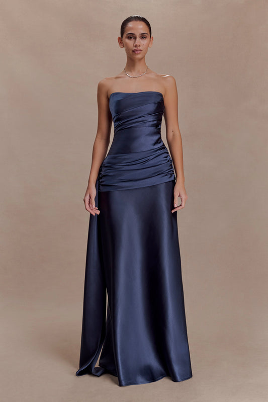 Sarah Strapless Maxi Dress With Waist Tie Navy