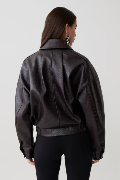 Paige Faux Leather Cropped Jacket Cherry Brown