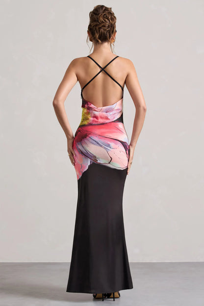 Kali Black Floral Print Cowl Neck Open Back Split Maxi Dress