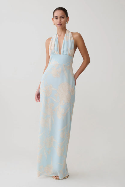 Nadine Halter Scarf Chiffon Maxi Dress Blue Floral Print