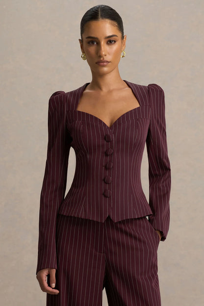 Lana Burgundy Pinstripe Woven Sweetheart Neck Tailored Top