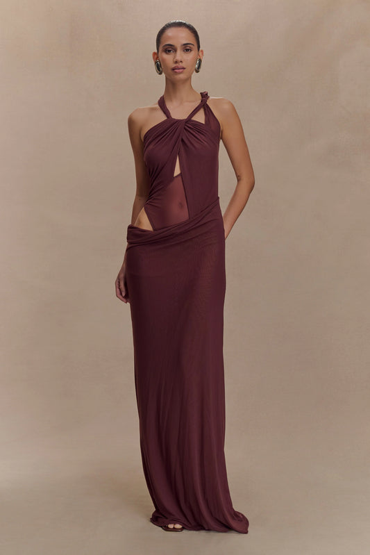 Edwina Knotted Mesh Maxi Dress Mahogany