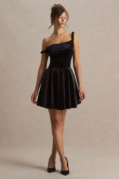 Leticia Black Asymmetric Neck Velvet Mini Dress With Twist Sleeve