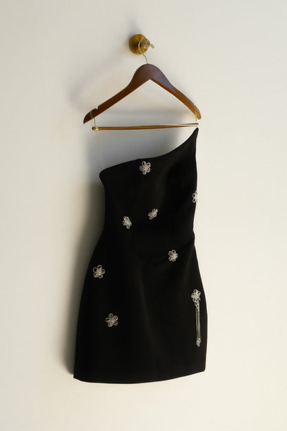 Liva Strapless Diamante Floral Trim Mini Dress Black