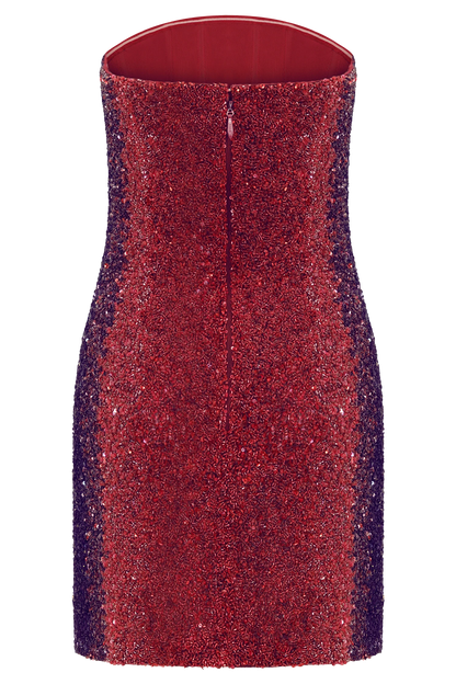 Zander Hand Beaded Strapless Mini Dress Red Ombre