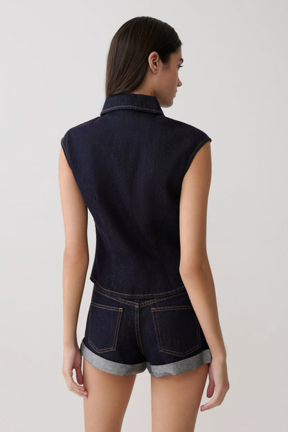 Jeremy Collared Denim Longline Top Washed Indigo Blue
